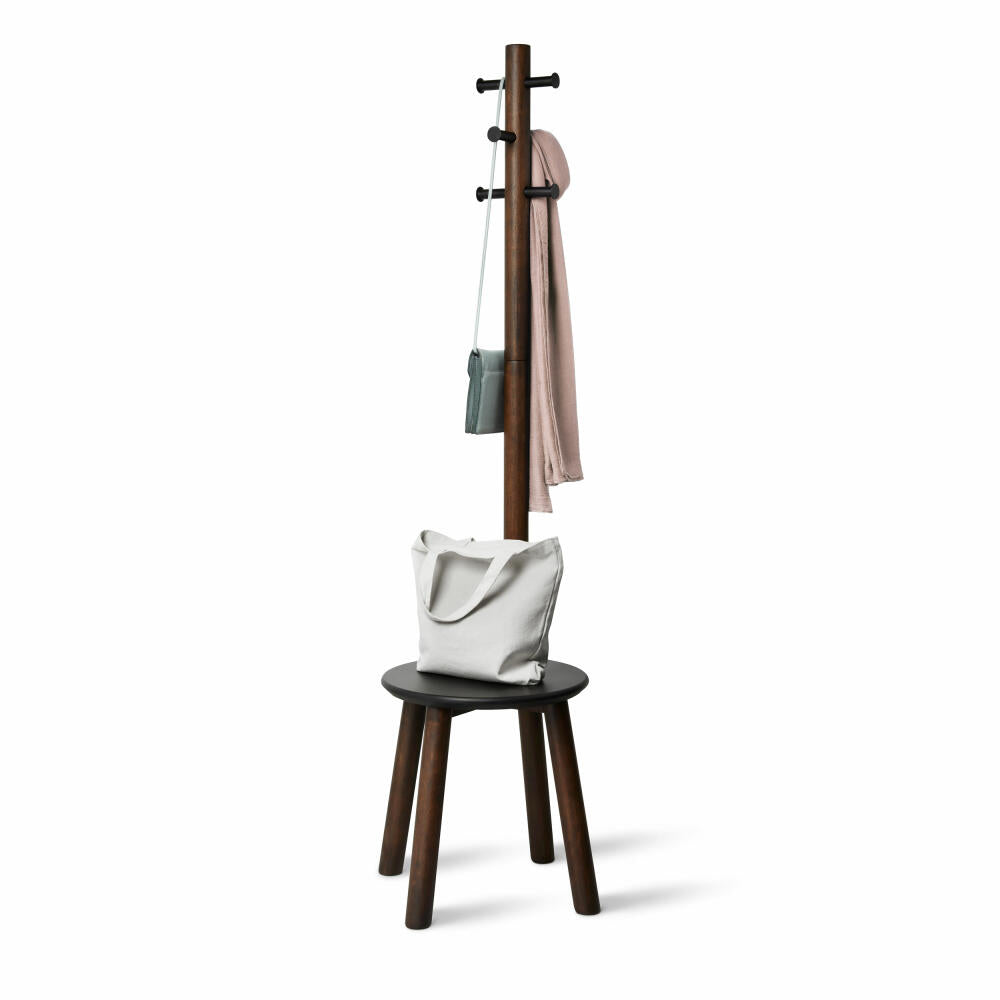 Umbra Pillar Coat Rack with Stool, Standing Coat Rack, Stool, Rubberwood, MDF, Black, Walnut, 50 x 167 cm, 1014257-048