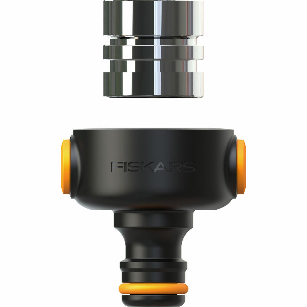 Fiskars tap connector for indoor use M22 and M24, interior hose valve, valve, plastic, metal, black, orange, 1027062