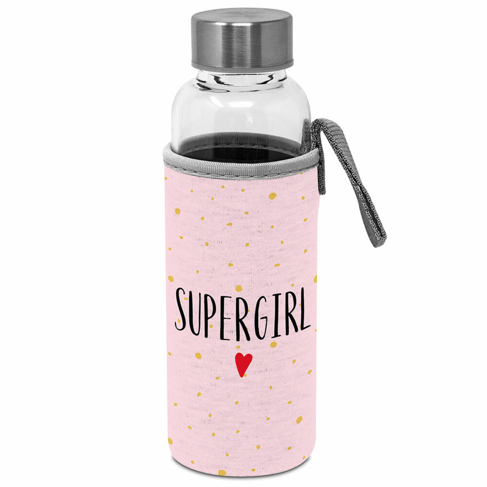 PPD Glass Bottle Supergirl, mit Schützhülle, Flasche, Glasfalsche, Trinkflasche, Borosilikatglas, Rosa, 350 ml, 461301