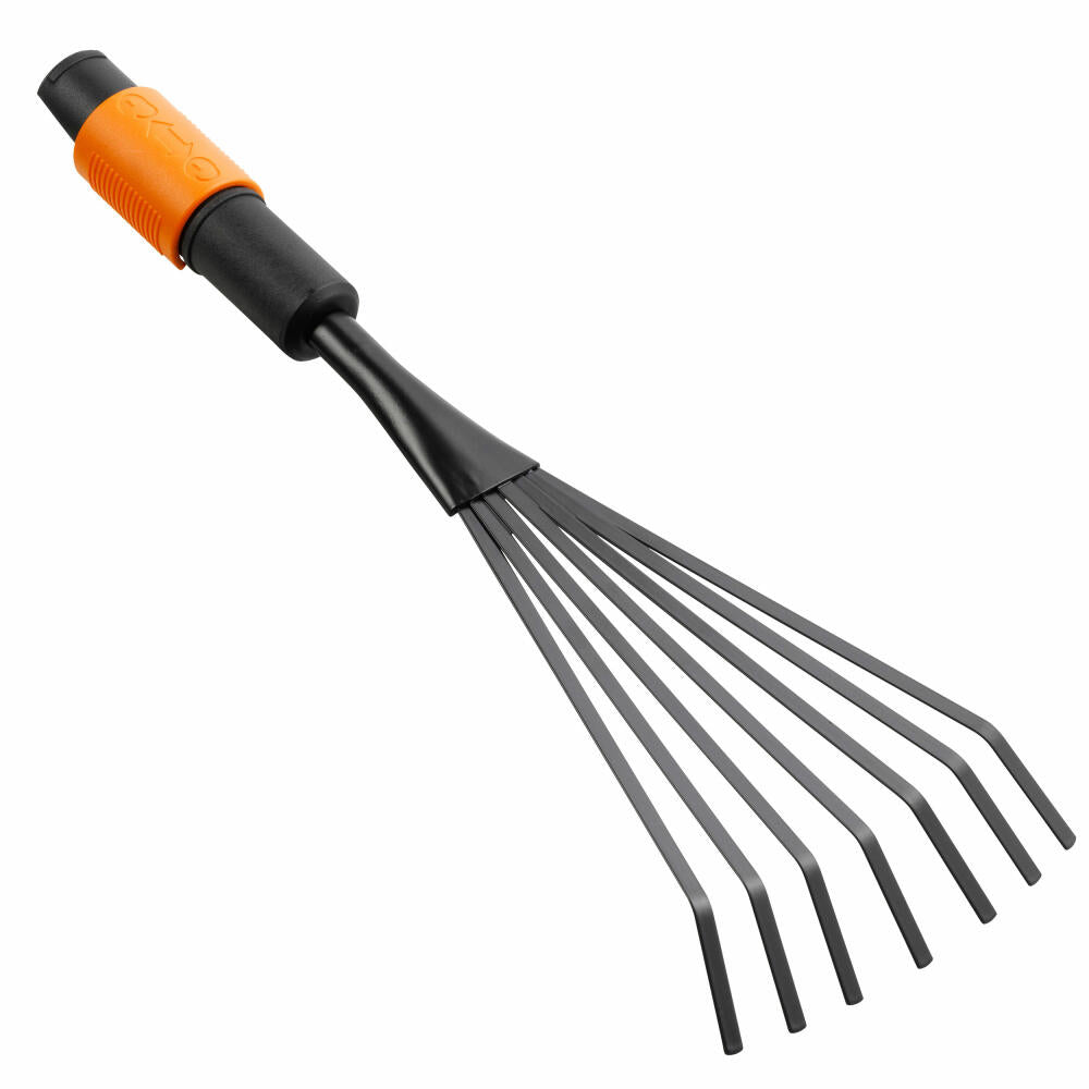 Fiskars QuikFit Kleinfächerbesen, Fächerbesen, Handrechen, Rechen, Werkzeugkopf, Gartenzubehör, Stahl / Kunststoff, Schwarz / Orange, 38 cm, 1001412