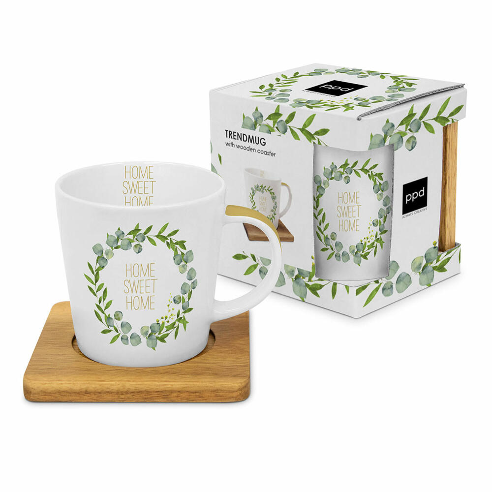 PPD Home Sweet Home Trend Mug Nature, with wooden coaster, cup, tea cup, coffee mug, 350 ml, 604298