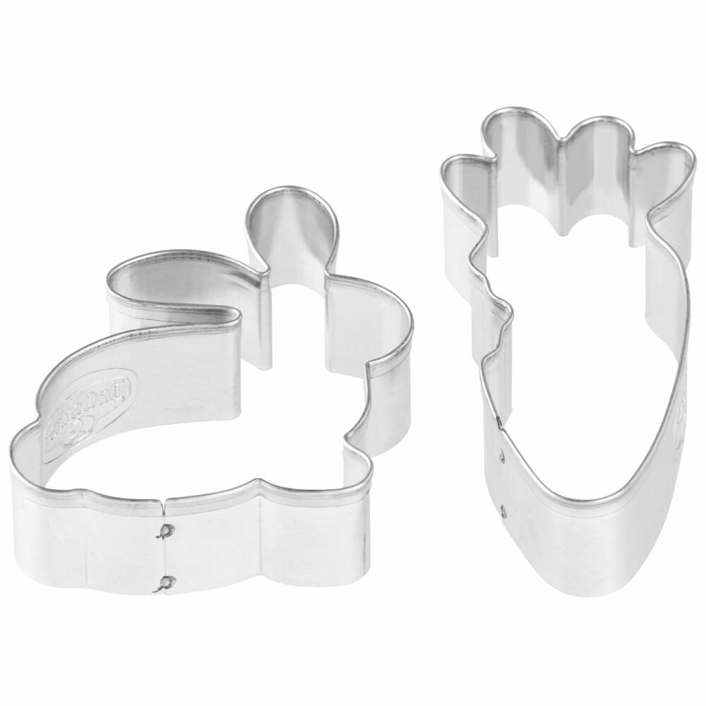 Dr. Oetker Golden Easter cookie cutter rabbit & carrot, set of 2, cookie mold, cookie mold, cookie cutter, tinplate, silver, 5.6 cm, 1877