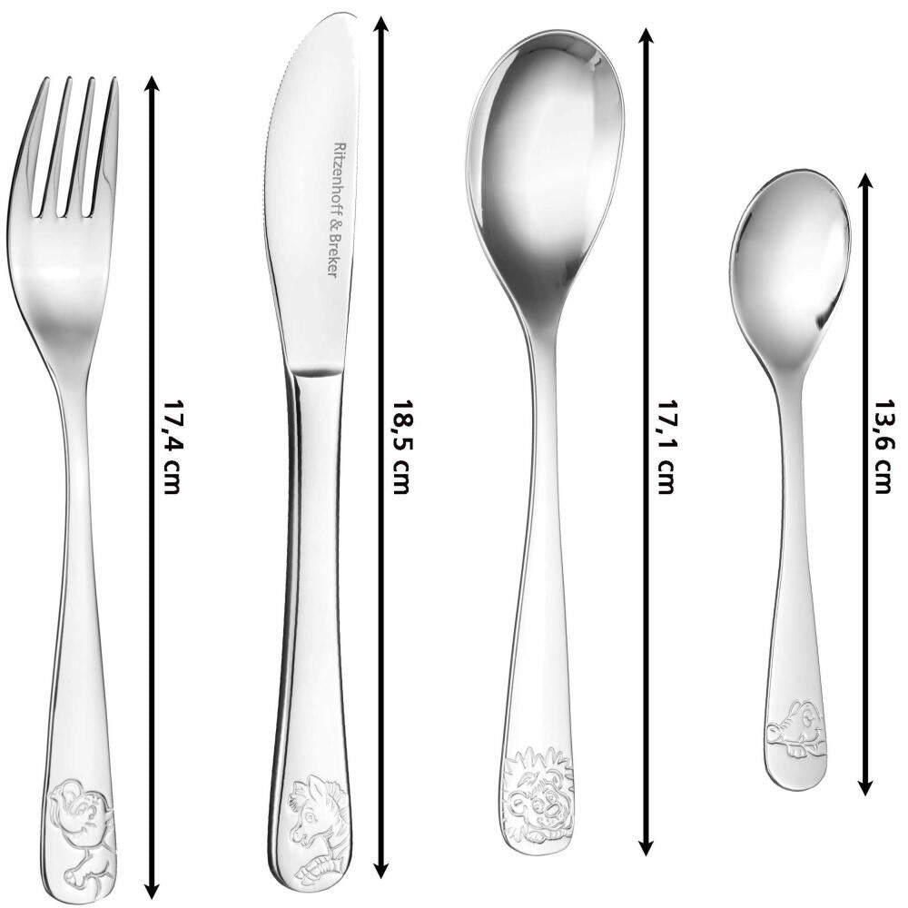 Ritzenhoff & Breker cutlery Happy Zoo, 4-piece, children's cutlery set, stainless steel 18/10, silver, 812701