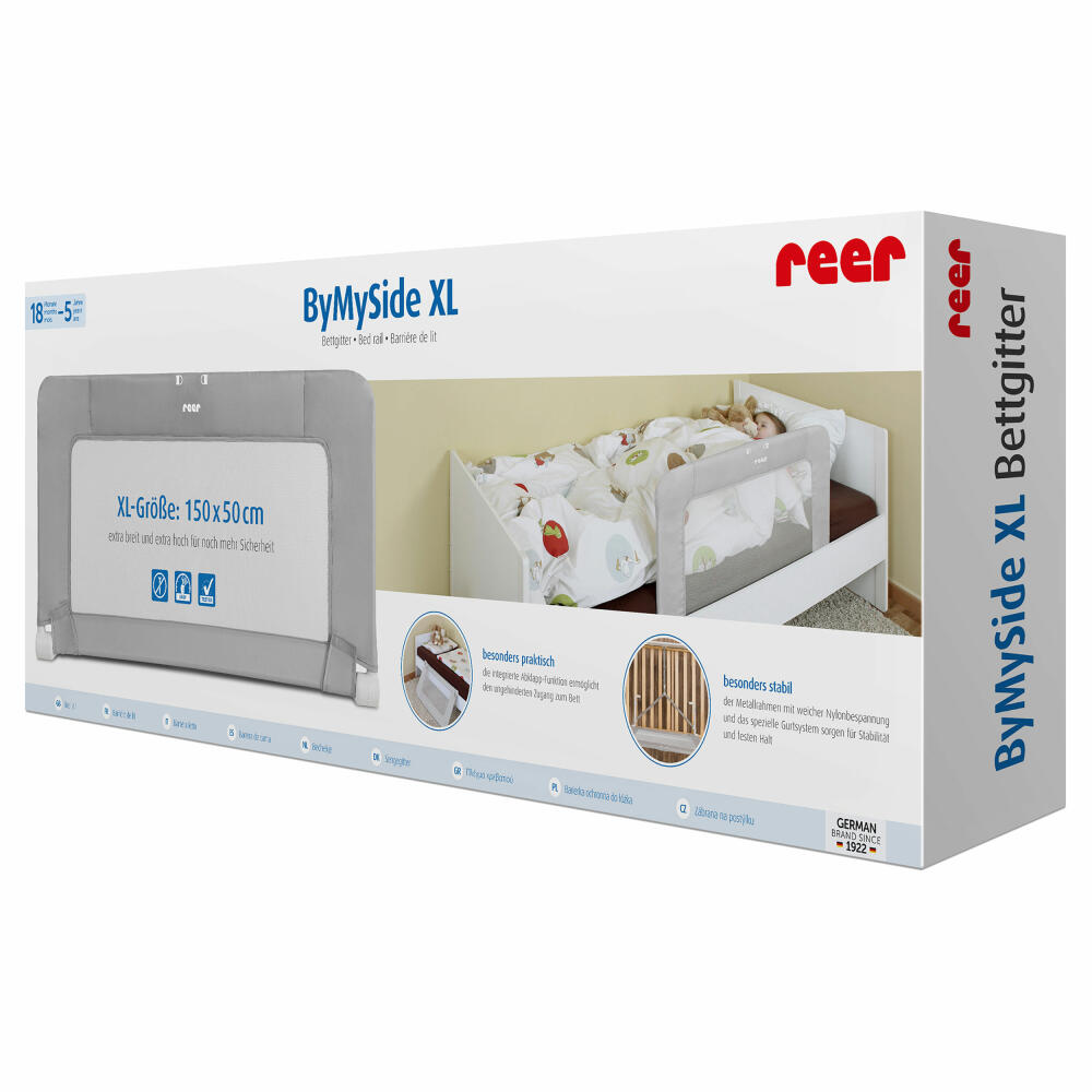 reer ByMySide XL Bettgitter, Rausfallschutz für Bett, Bettschutzgitter, Schutzgitter, mit Abklappfunktion, Länge 150 cm, 45020