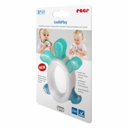 Reer Kühlbeißring Cool & Play mit Rassel, Schildkröte Beißring, Zahnhilfe, Beißhilfe, 79203