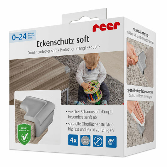 reer Eckenschutz Soft, 4er Set, Ecken Schutz, Kantenschutz, Stoßschutz, Kinder Sicherung, Grau, 82031