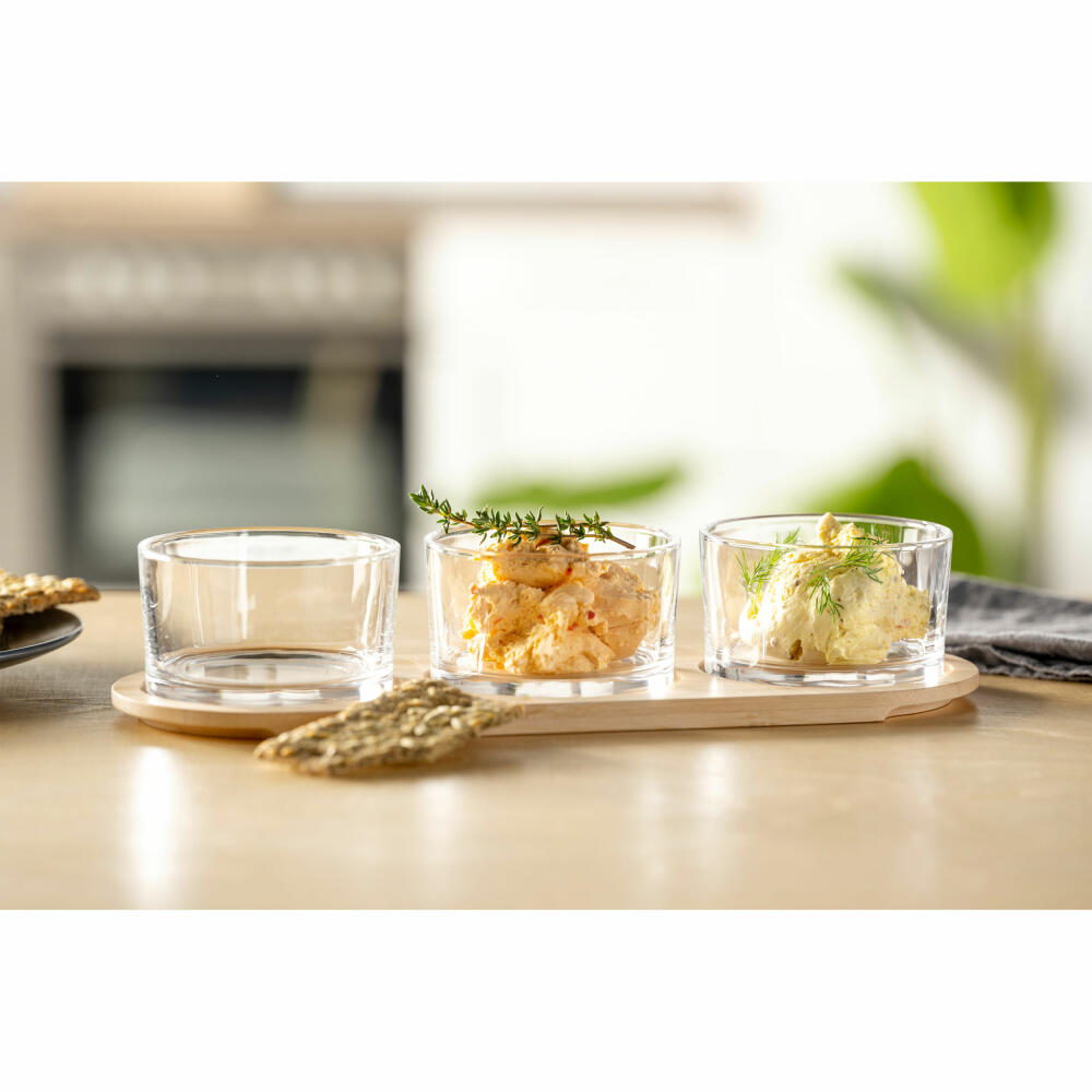 montana serving set 4-piece: prepare, wooden board with 3 glasses, wood, glass, clear, 046013