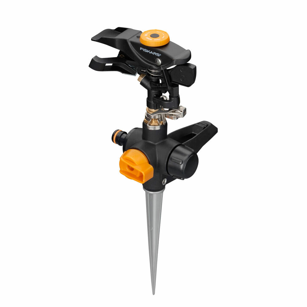 Fiskars Pulsating Sprinkler with Ground Spike, On/Off, Lawn Sprinkler, Lawn Sprayer, Irrigation, Plastic, Metal, Black, Orange, 1027029