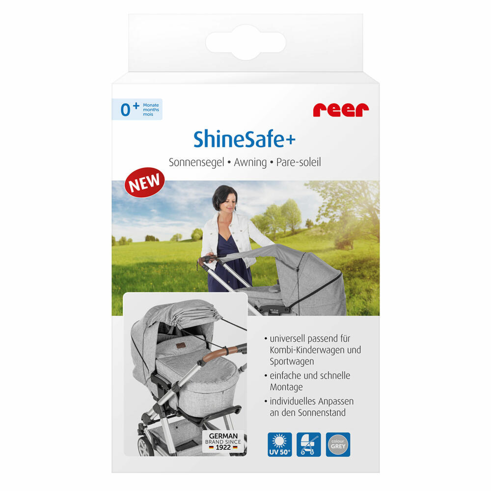 reer ShineSafe+ Sonnensegel, Sonnenschutz, UV Schutz, Kinderwagen, Grau-Melange, 84231