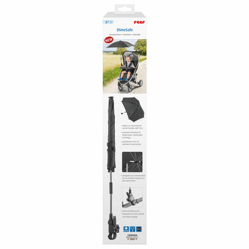 reer ShineSafe Kinderwagen-Sonnenschirm, Sonnen Schirm, Sonnenschutz, UV Schutz, Kinderwagen, Schwarz, 84151