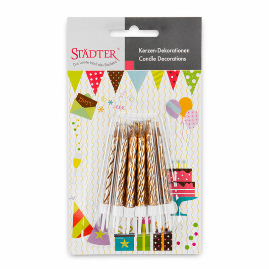 Städter Kerzen Geburtstag, 10 Stück, mit Halter, Geburtstagskerzen, Kuchenkerzen, Kuchen, Kerze, Gold, 7.5 cm, 910195