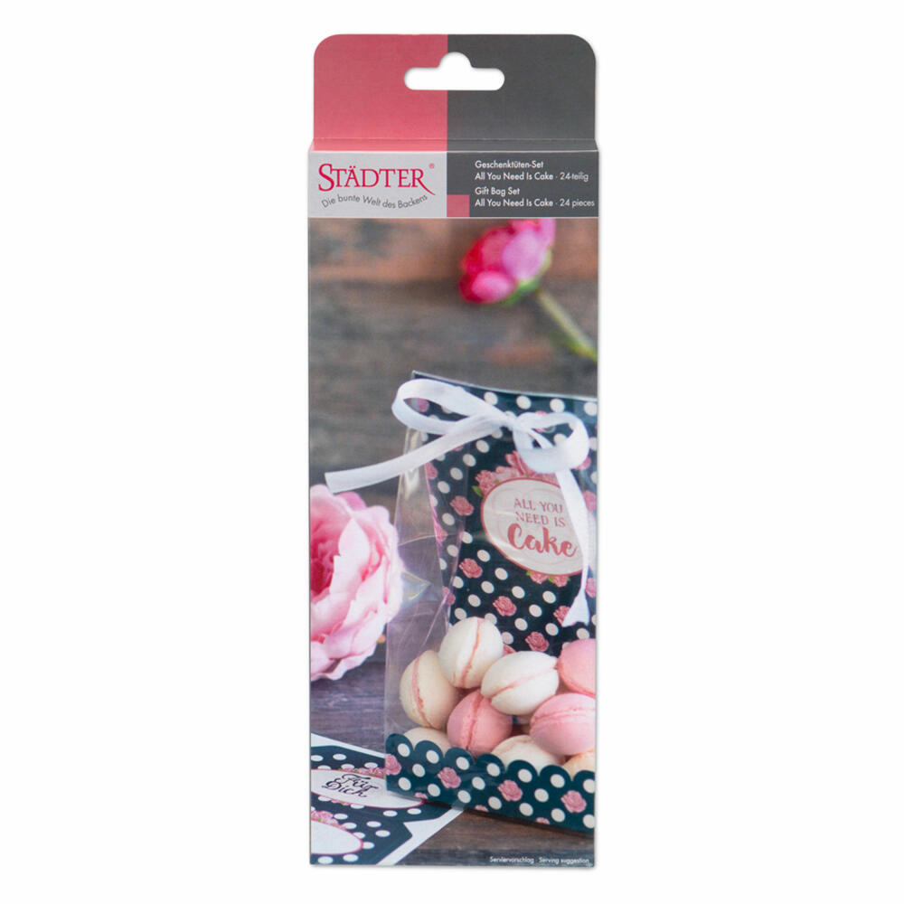 Städter Geschenktüten All You Need Is Cake, 24-tlg., Plätzchen Tüte, Geschenk Tüten, Kekse, Pralinen, Kunststoff, 9 x 25 cm, 337398