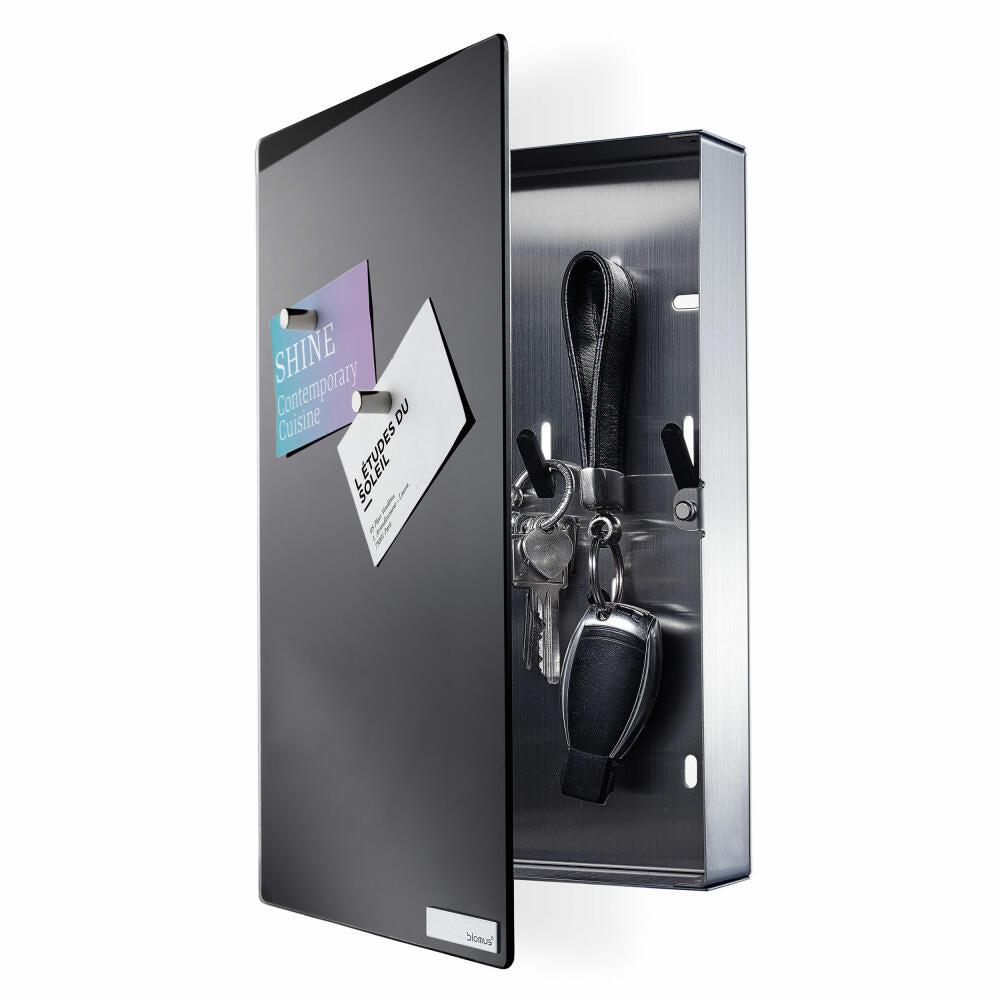Blomus Velio Schlüsselkasten, Glasmagnettafel, Magnetwand, Schlüsselbrett, Edelstahl, Schwarz, 30x20x5cm, 65371