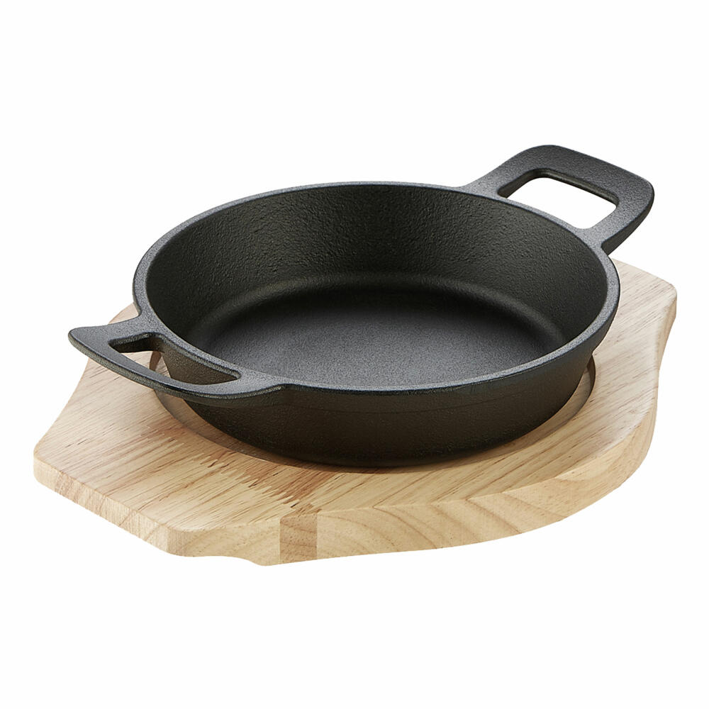 Schulte-Ufer Rustika Mini Serving Pan with Serving Board, Pan, Frying Pan, Cast Iron, Black, 16 cm, 1686-16 s