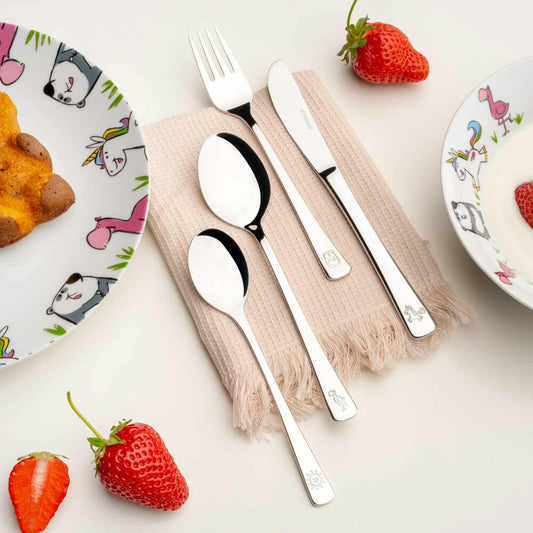 Leonardo children's cutlery Bambini 4-piece. Panda Unicorn Flamingo, 18/10 stainless steel, silver, 070799