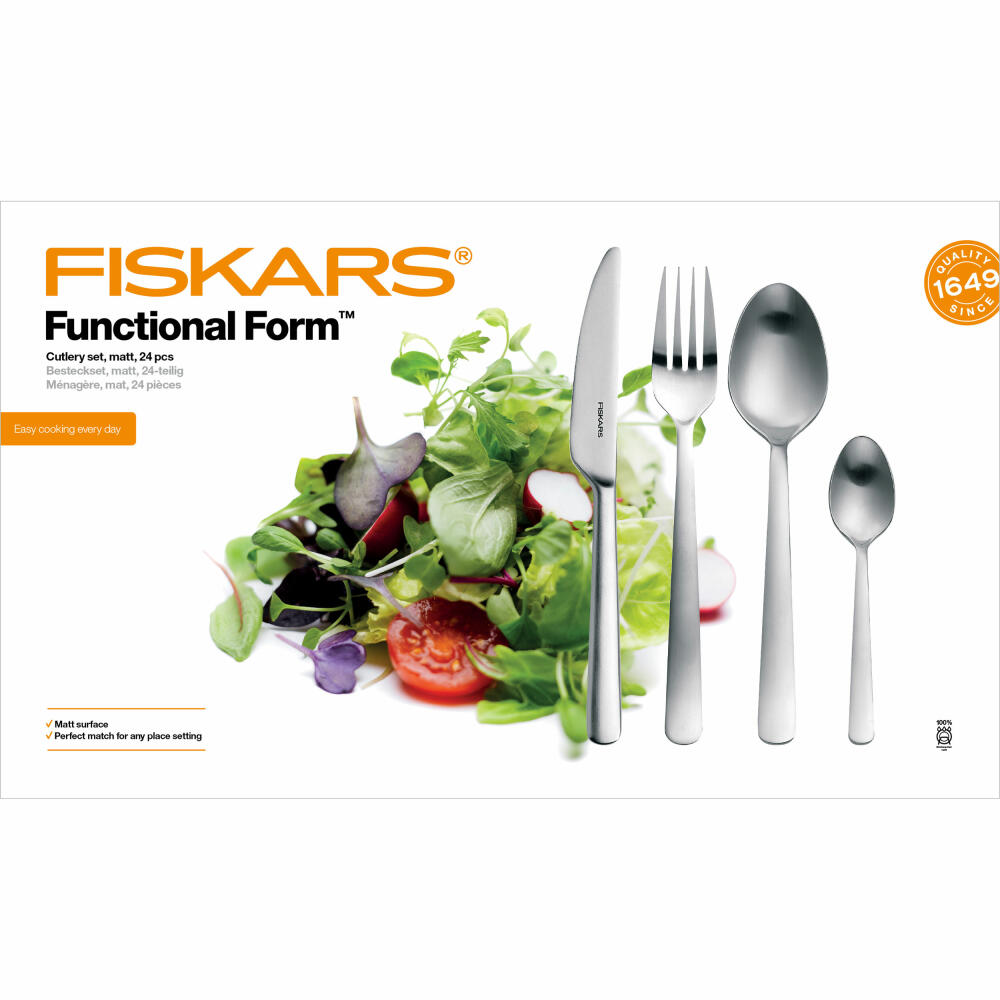 Fiskars Functional Form cutlery set, 24 pcs., cutlery, knife, fork, spoon, teaspoon, stainless steel matt, 1002961