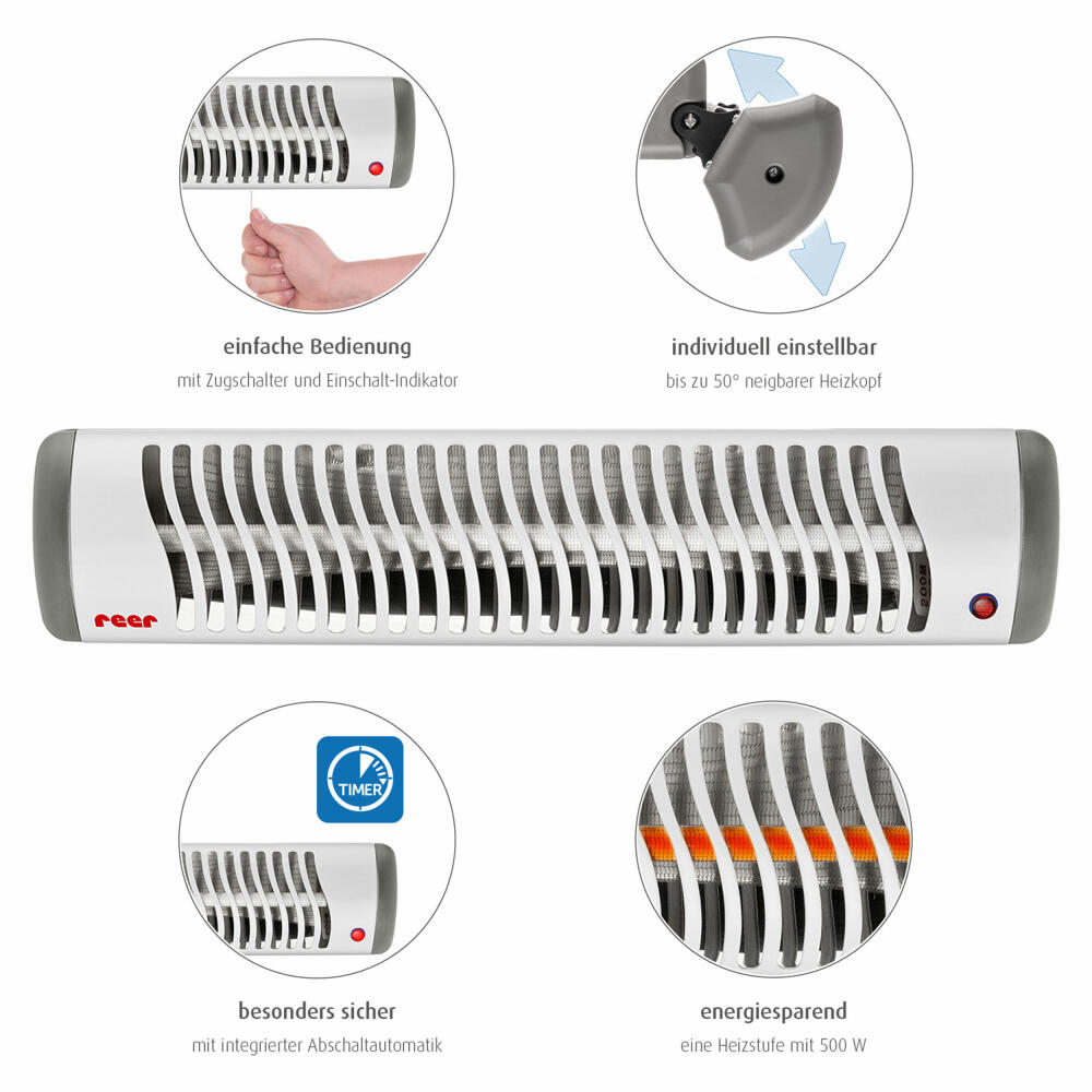 reer EasyHeat Wickeltisch-Wärmestrahler, Heizstrahler, Wand-Heizstrahler, Wärmelampe Baby, 1 Heizstufe, Kippsicherung, Schwarz, 19040