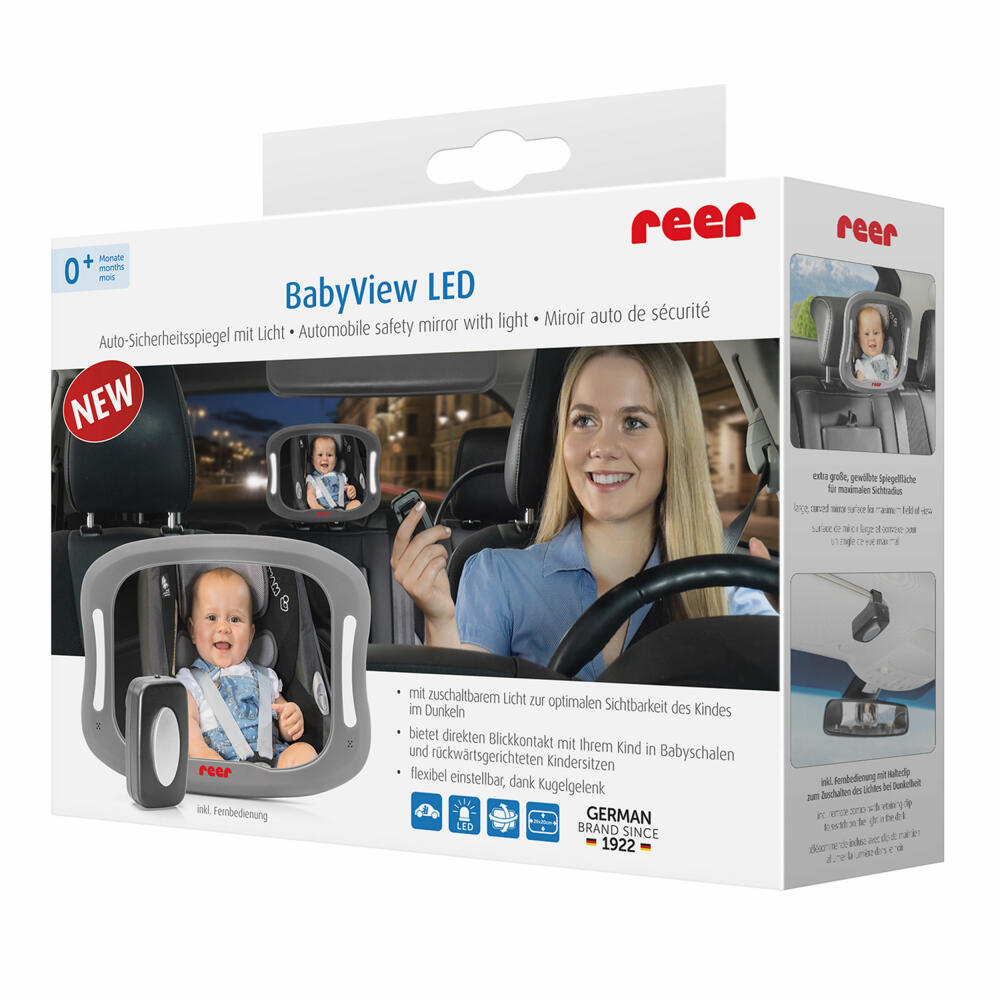 reer BabyView LED car safety mirror, baby rear seat mirror, car mirror, rear view mirror, baby, for baby carriers and reboarder child seats, with light, 86101