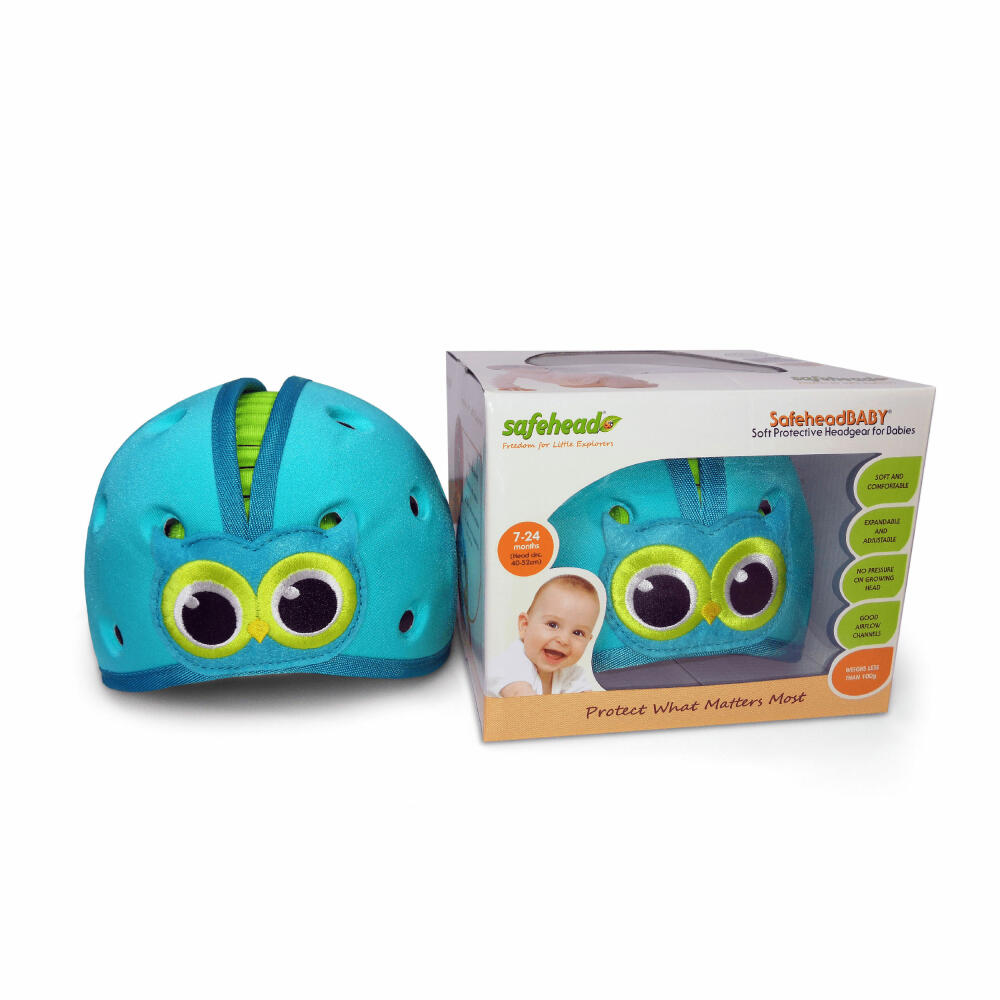 reer SafeHeadBaby Babyhelm Eule, Kopfschutz, Baby Helm, Schutzhelm, Schutzhut, Blau, SHB002