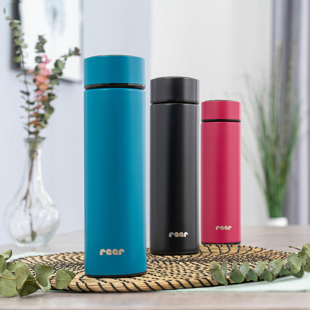 reer ColourDesign Edelstahl-Isolierflasche, Isoflasche, Thermoflasche, Iso Flasche, Petrolblau, 450 ml, 90013