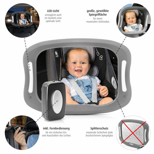 reer BabyView LED car safety mirror, baby rear seat mirror, car mirror, rear view mirror, baby, for baby carriers and reboarder child seats, with light, 86101