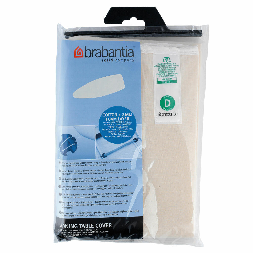 Brabantia ironing board cover, ironing cover, ironing table cover, ironing board cover, cotton & 2mm foam, with drawstring, size D, 135 x 45 cm, ecru, 124662