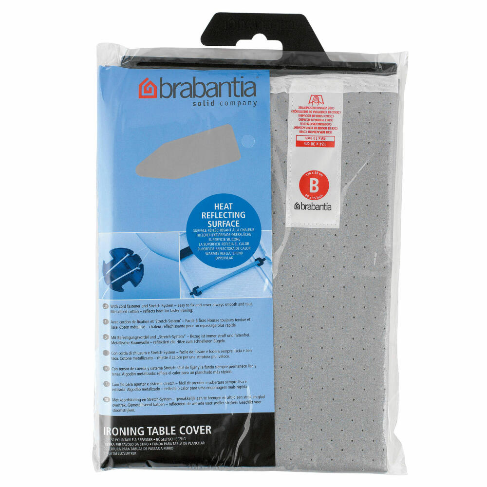 Brabantia Bügelbrett Bezug, Bügelbezug, Bügeltischbezug, Bügelbrettbezug, Baumwolle metallisiert & 2mm Schaumstoff, mit Kordelzug, Größe B, 124 x 38 cm, Silber, 317705