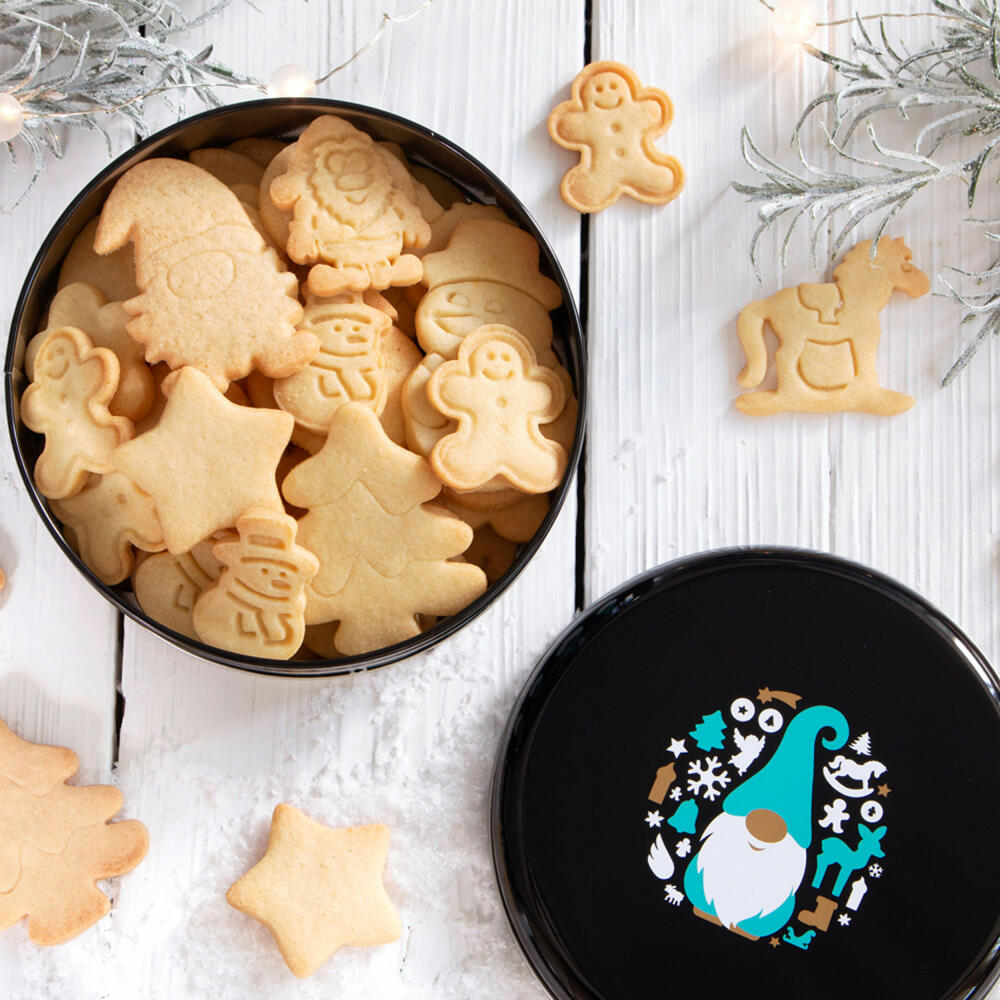 Städter Gebäckdose Weihnachtswichtel Rund, Plätzchendose, Gebäck Dose, Blechdose, Keksdose, Weißblech, Ø 16.5 cm, 710177