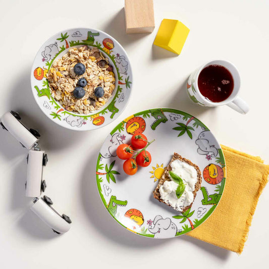 Leonardo Kindergeschirr Bambini 3-tlg. Krokodil Elefant Löwe, Porzellan, Mehrfarbig, 023152