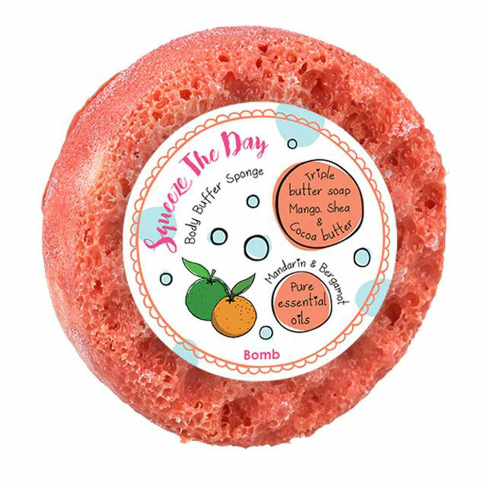 Bomb Cosmetics Body Buffer Shower Sponge Squeeze the Day, Soap Sponge, Red Orange, PSQUDAY04
