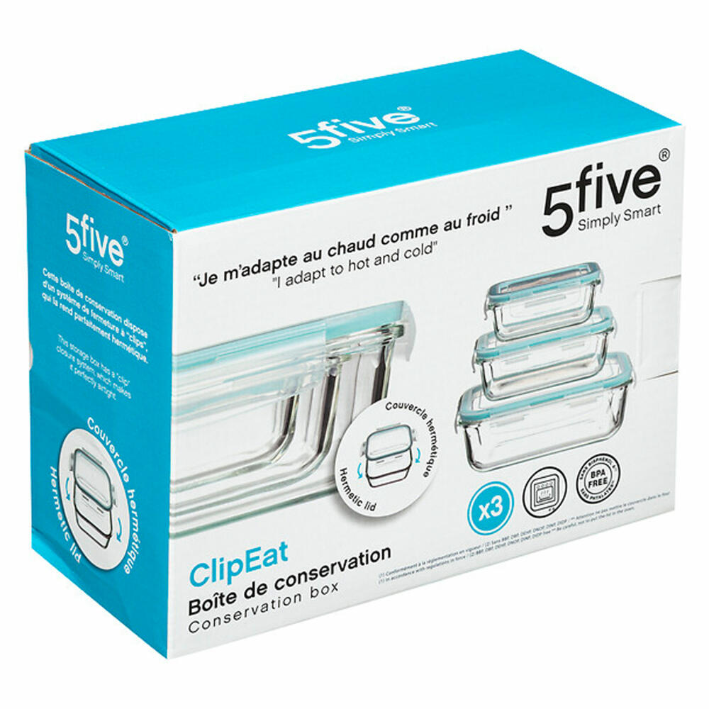 5five Simply Smart food storage container set Clipeat S 3-piece, glass, plastic, blue, 169281