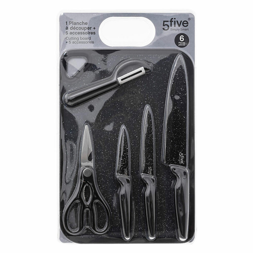 5five Simply Smart Schneidebrett-Set Caractere 6-tlg. mit Zubehör, Kunststoff, Edelstahl, Keramik, Schwarz, 36 x 25 cm, 179737