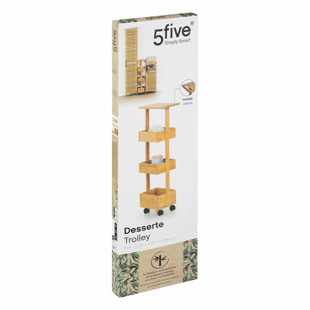 5five Simply Smart rolling shelf trolley with 3 compartments and shelf, serving trolley, bamboo, 86 cm, 174783