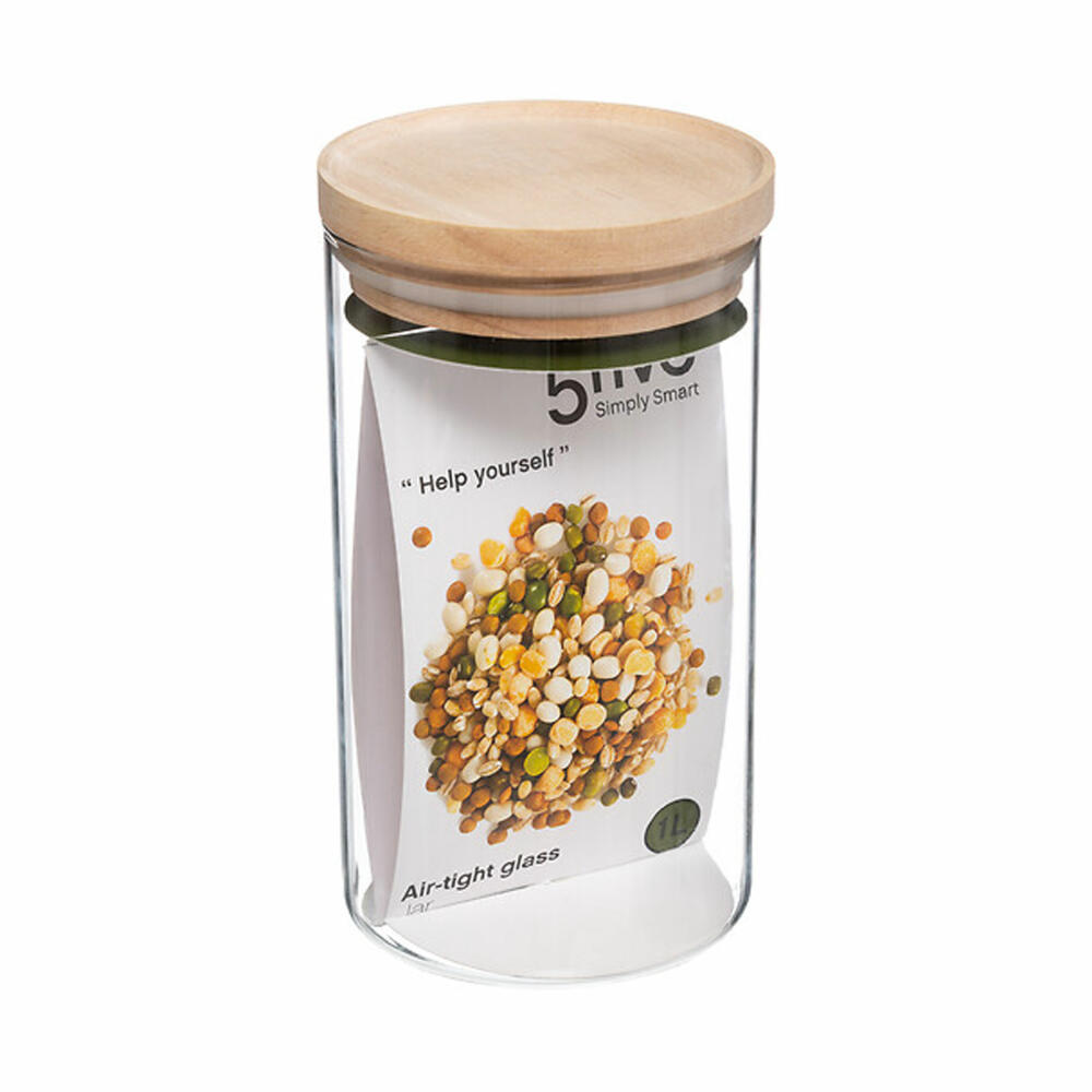 5five Simply Smart preserving jar Hermet, storage jar, glass, rubberwood, transparent, 1 L, 135027