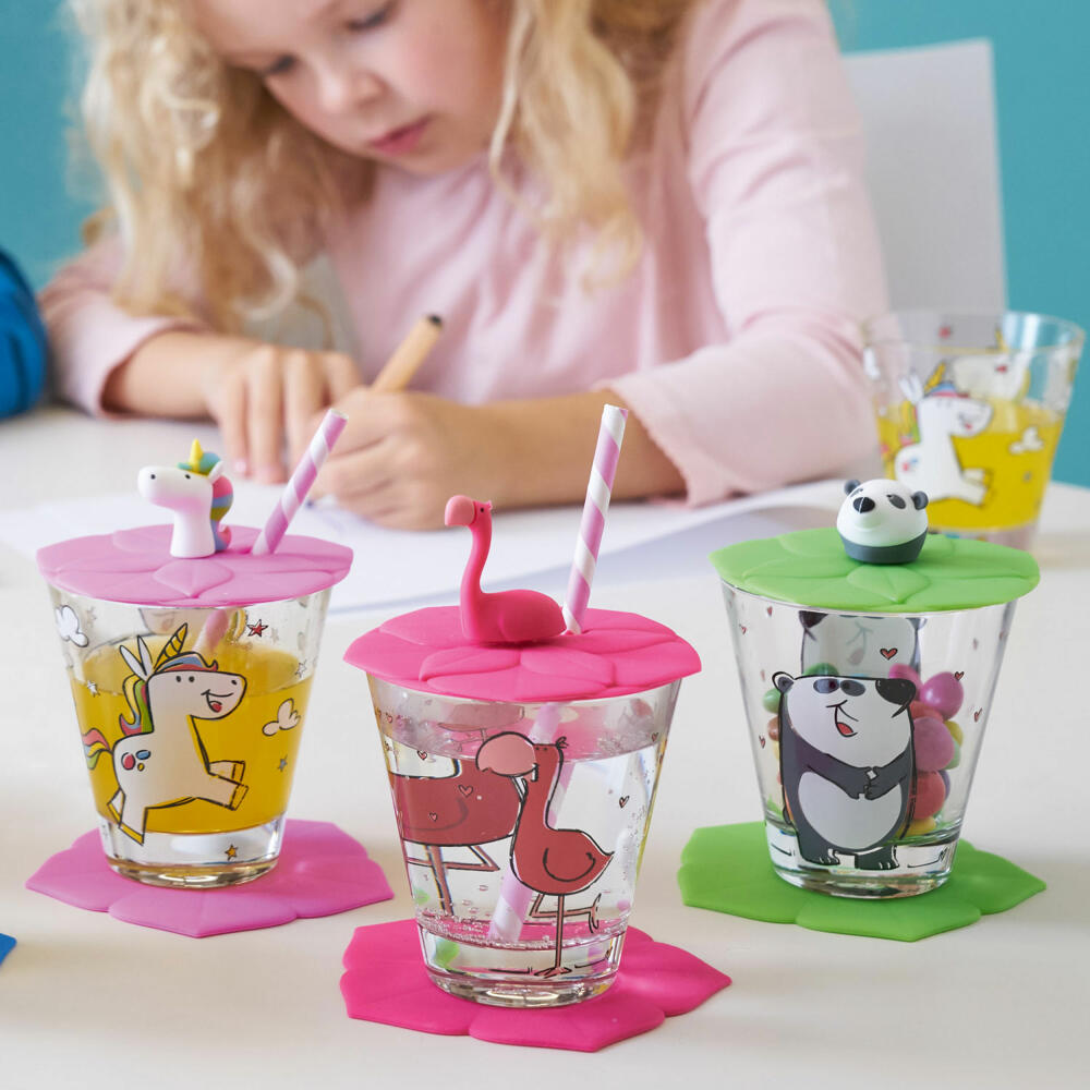 Leonardo children's drinking set BAMBINI 9-piece Flamingo Unicorn Panda, drinking cup with lid & coaster, colorful, 034805