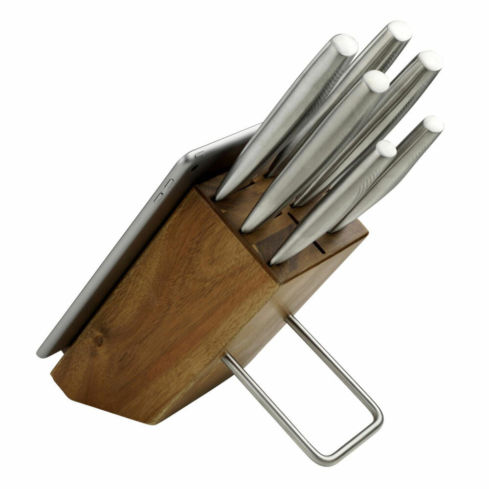 Nirosta Messerblock Fair mit Tablethalter, unbestückt, Akazienholz, Braun, 25 x 12 x 20 cm, 43155