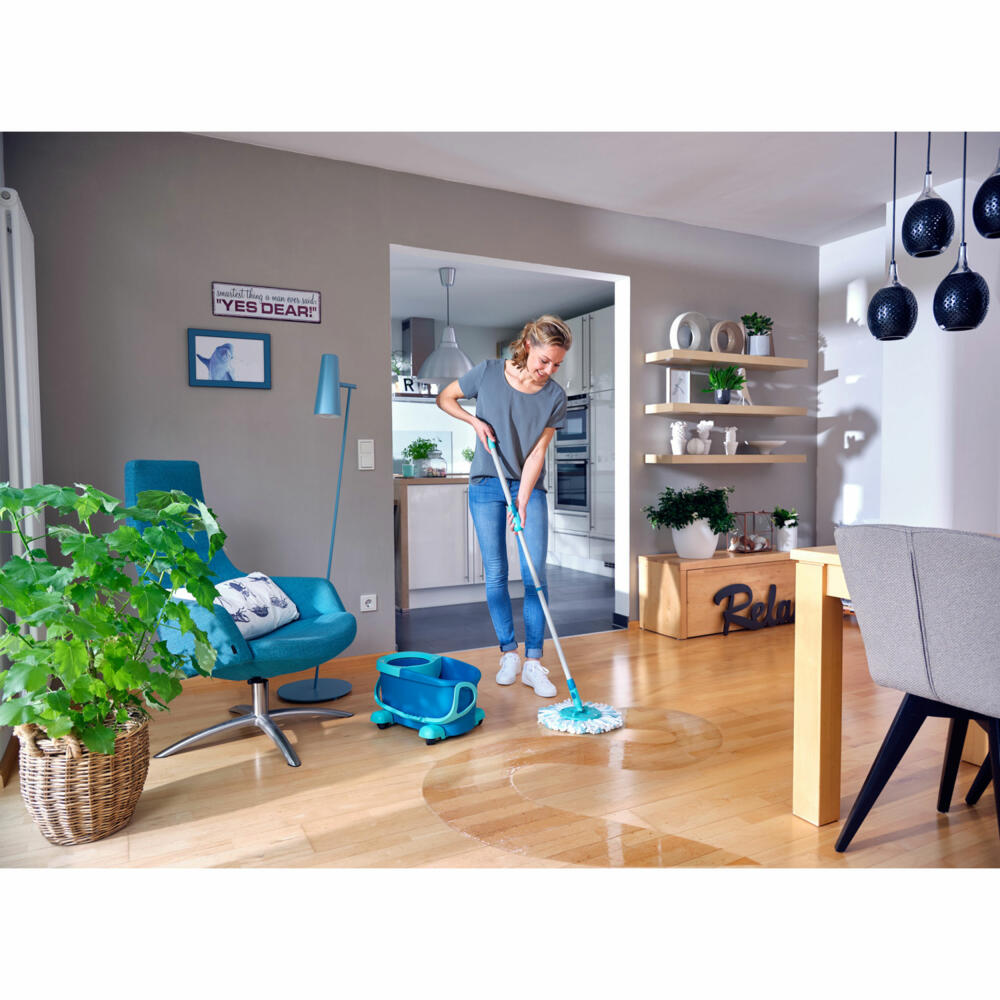 Leifheit Set Clean Twist Disc Mop Ergo Mobile, floor mop with trolley, microfiber, plastic, turquoise, white, 52102