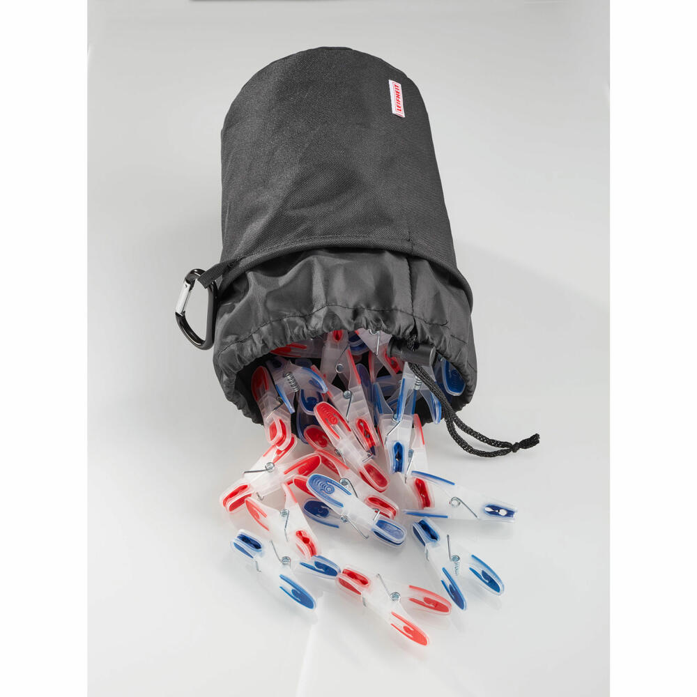 Leifheit Wäscheklammerbeutel mit Karabinerhaken, Wäscheklammer Beutel, Aufbewahrung für bis zu 100 Wäscheklammern, Ø 16 cm, Schwarz, 80031