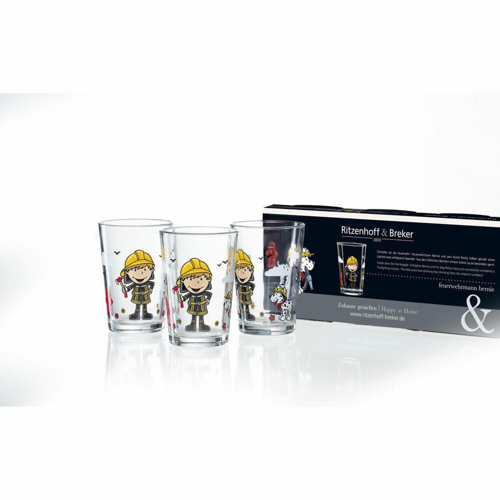 Ritzenhoff & Breker Fireman Bernie Children's Drinking Mug, 3-piece, Drinking Glass, Water Glass, Children, Glass, 205 ml, 818857