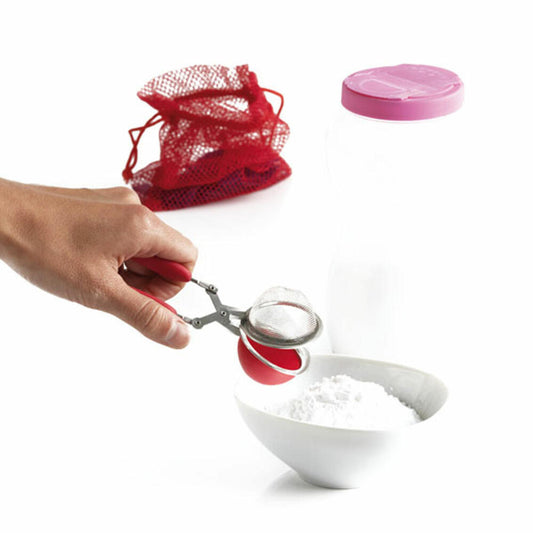 Mastrad Tea Tongs & Pollinator 2 in 1, Tea Strainer, Powder Shaker, Powder Sieve, Silicone, Stainless Steel, Red, F37810