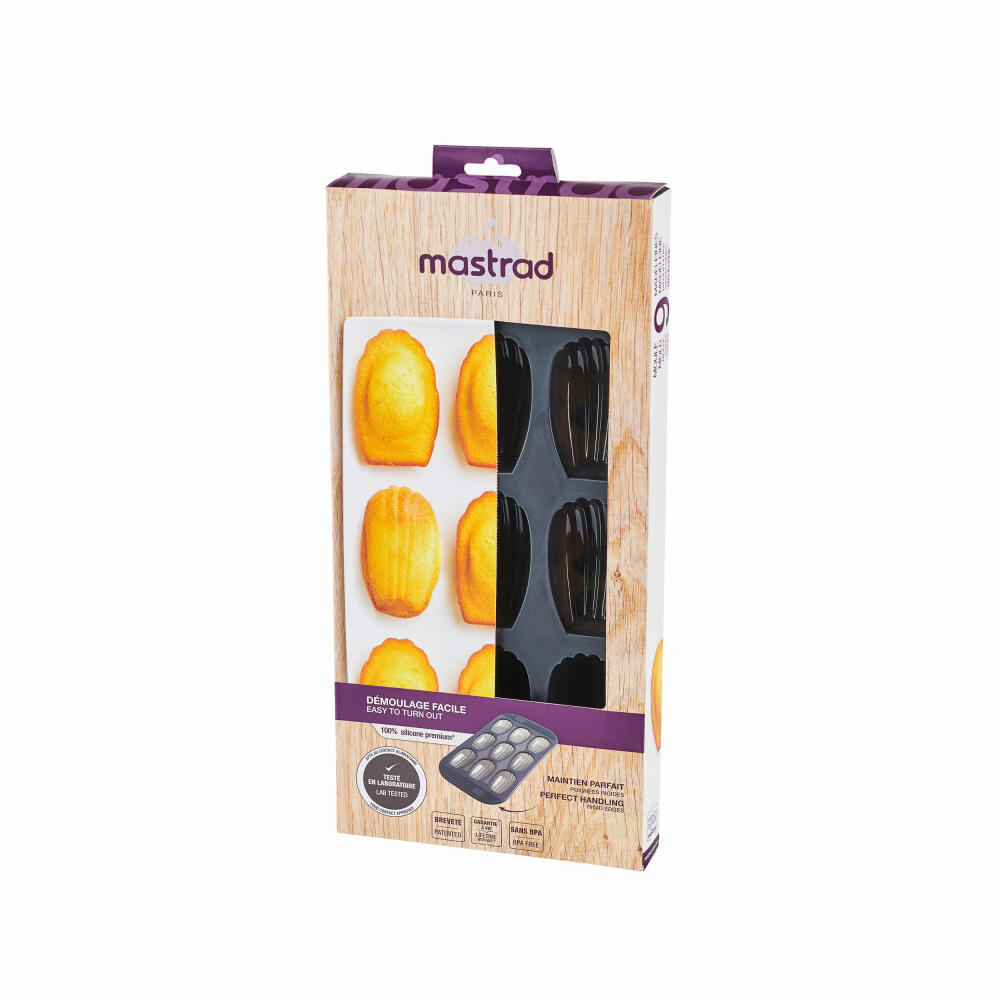 Mastrad Baking Pan for 9 Madeleines, Pastry Mold, Baking Tray, Silicone Mold, Silicone, Gray Transparent, F42614