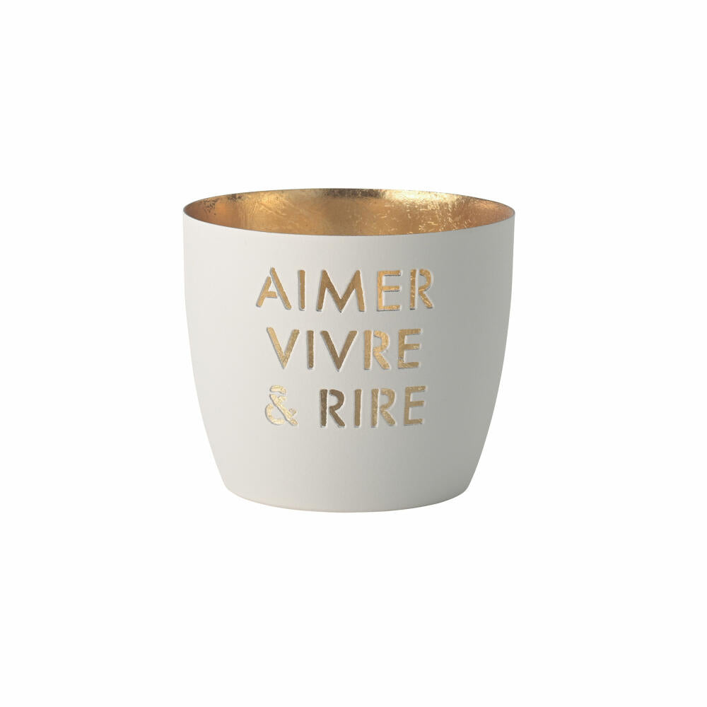 Gift Company lantern Madras Aimer vivre & rire M, tealight holder, candle holder, iron, white / gold, H 8.5 cm, 1155904001