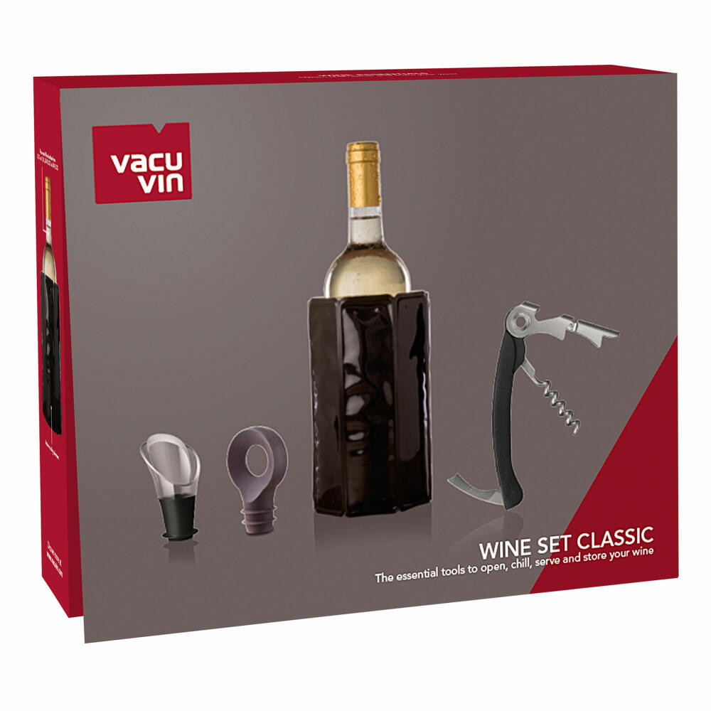 Vacu Vin Gift Set Wine Classic 4-piece, wine cooler, waiter's knife, pourer, bottle stopper, plastic, stainless steel, black, brown, 3890160