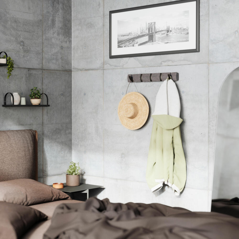 Umbra Flip Wall Coat Rack with 5 Hooks, Coat Rack, Poplar Wood, Plastic, Grey, Pewter, 51 cm, 318850-1045