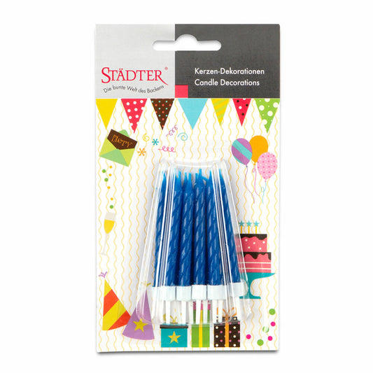 Städter Candles Birthday, 10 pieces, with holder, birthday candles, cake candles, cake, candle, blue, 7.5 cm, 910140