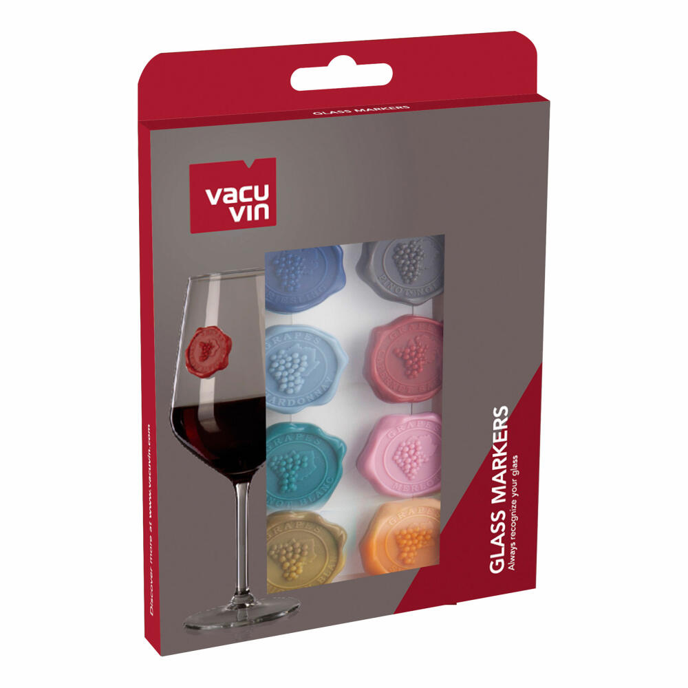 Vacu Vin Glasmarker Klassik Siegel 8er Set, Motiv Weintraube, Glasmarkierungen, Ansteck-Marker, Partyzubehör, Silikon, Bunt, 1886461