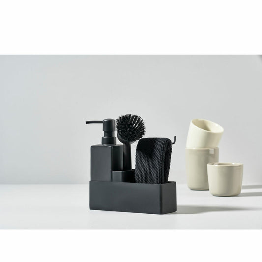 Zone Denmark Geschirrspülset, 4-tlg., mit Putzlappen, Seifenspender, Spülbürste, Silikon / Keramik, Black, 330413