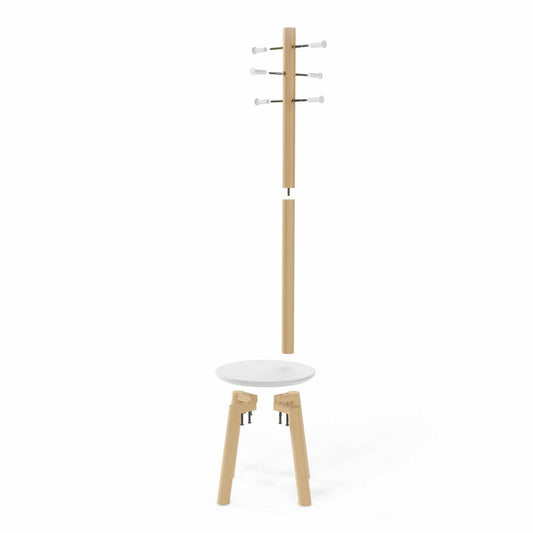 Umbra Pillar Coat Rack with Stool, Standing Coat Rack, Stool, Rubberwood, MDF, White, Natural, 50 x 167 cm, 1014257-668