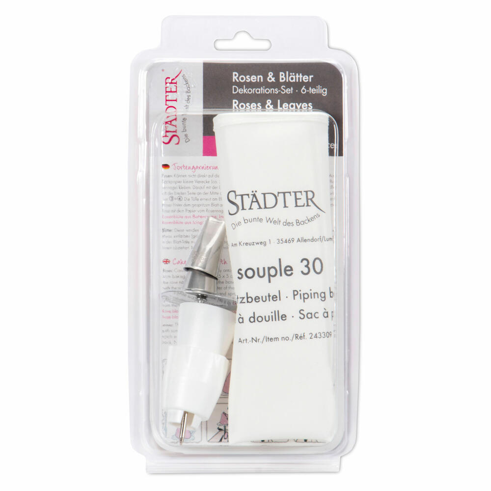Städter decoration set roses and leaves, 6-piece, piping nozzle, piping bag, decorating nozzle, baking accessories, 001268