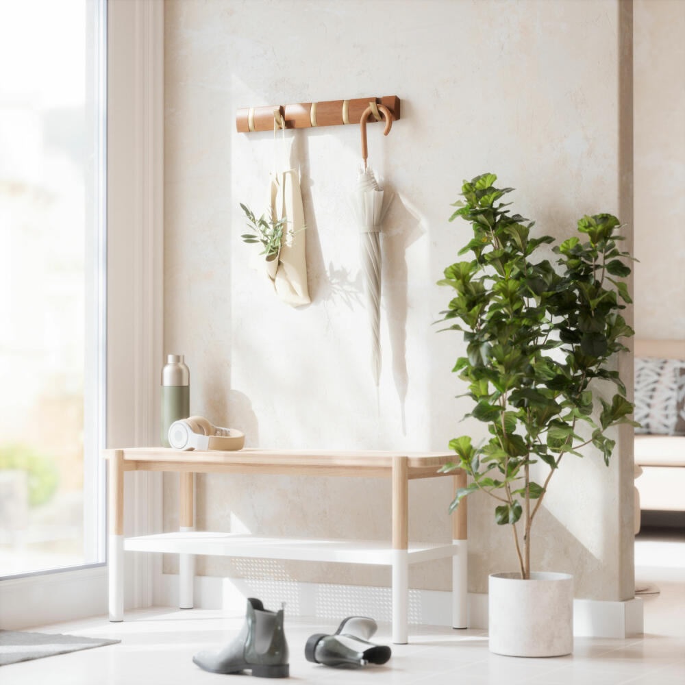 Umbra Flip Wall Coat Rack with 5 Hooks, Coat Rack, Poplar Wood, Plastic, Light Walnut, Warm Gold, 51 cm, 318850-1227